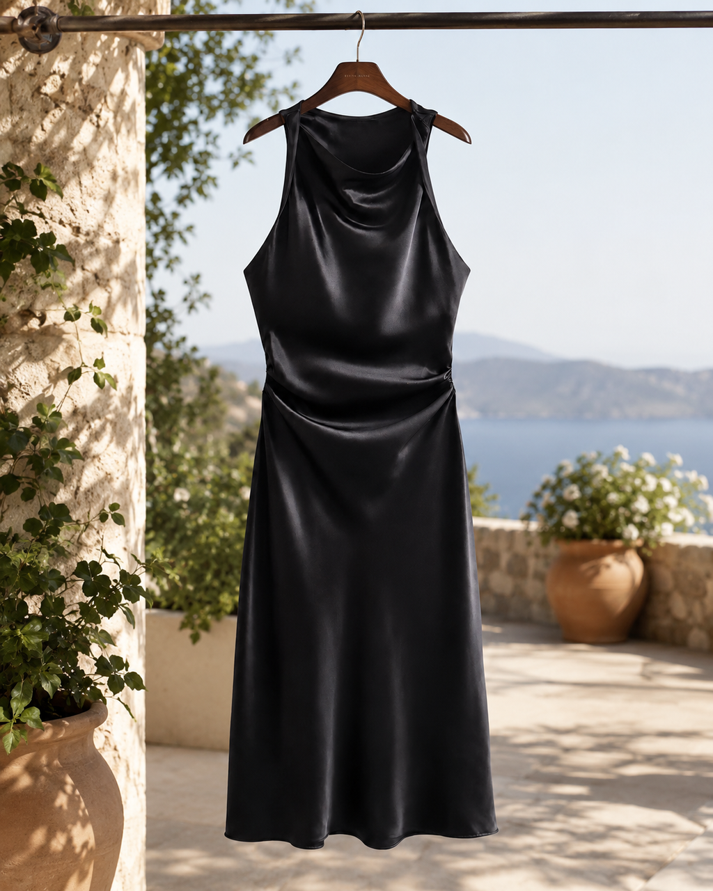 Alessia Noir Satin Midi Dress.