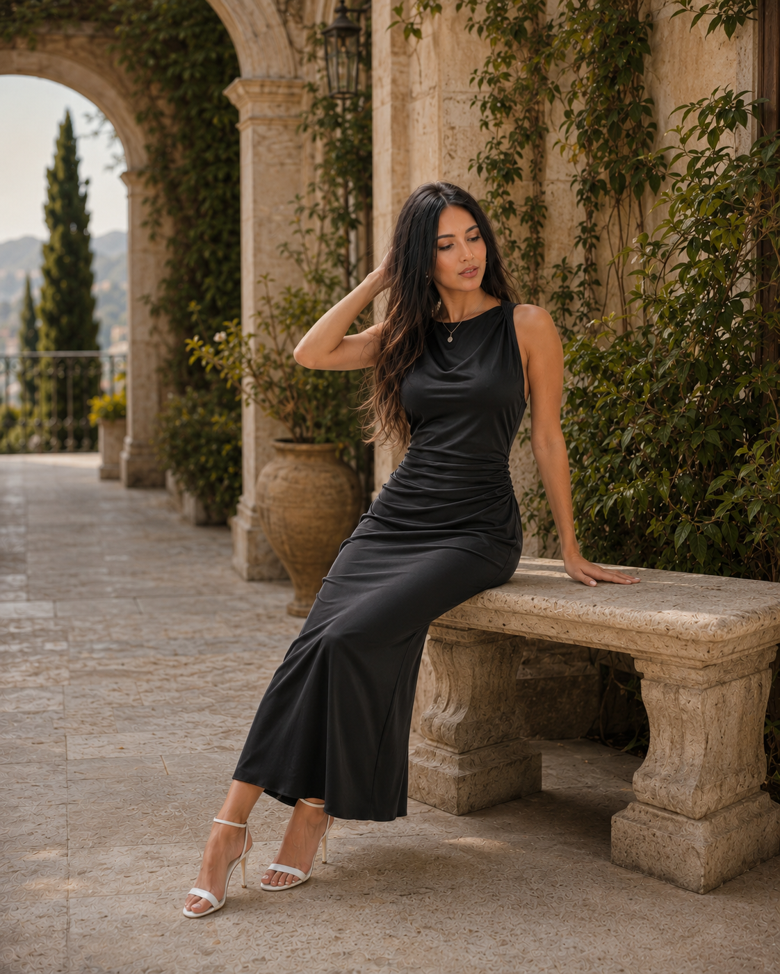 Alessia Noir Satin Midi Dress.
