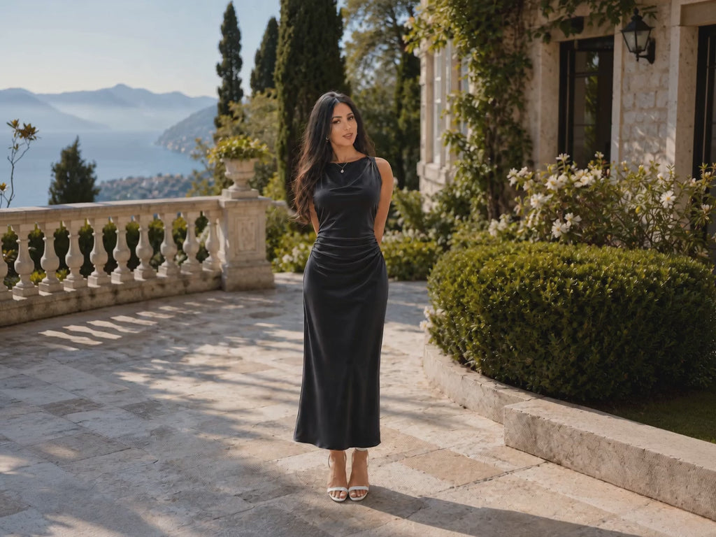 Alessia Noir Satin Midi Dress.